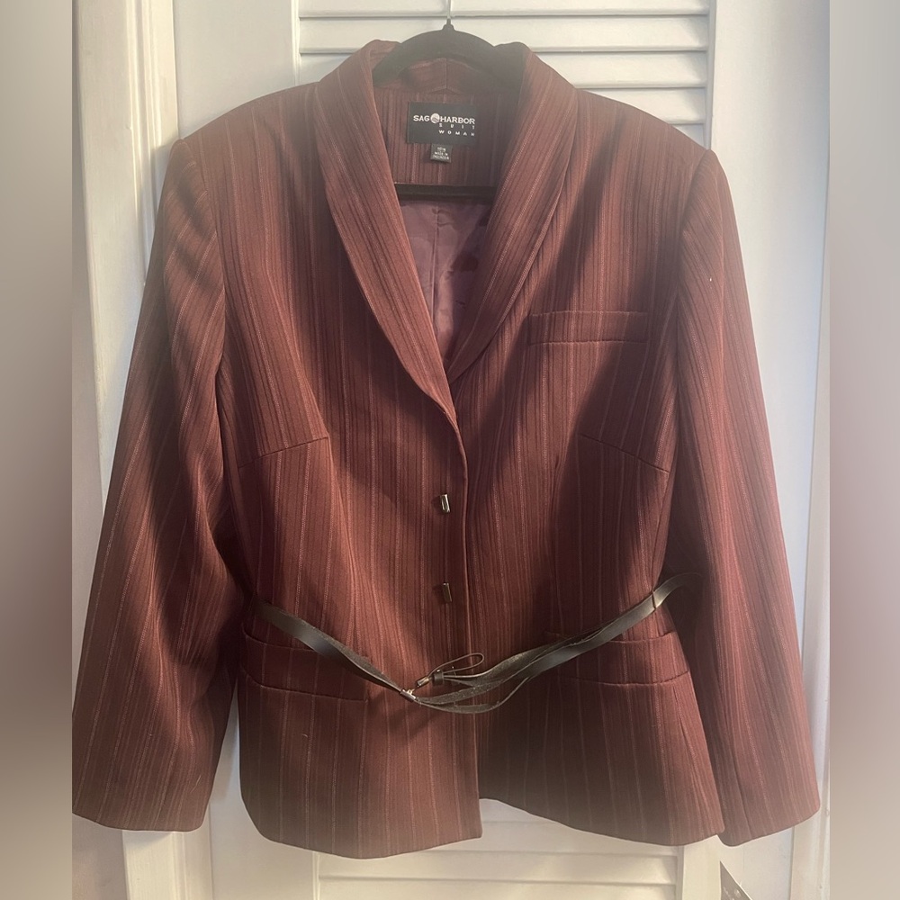Sag Harbor NWT Vintage Wine Colored Belted Peplum Blazer w/Subtle Pinstripes 18w
